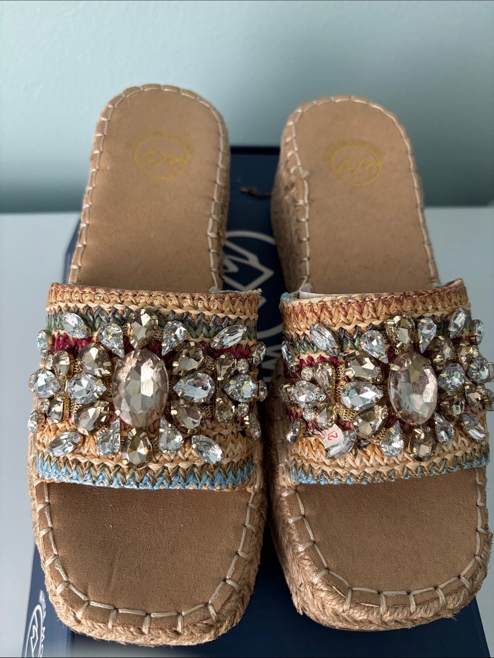 White Mountain Beaded Crystal Slide Sandals - Natural/Tan